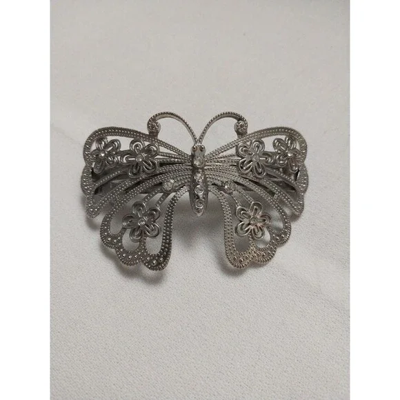 Vintage Butterfly Hair Clip Barrette French Style Silver Tone 3.75"x2.25" - Picture 1 of 10